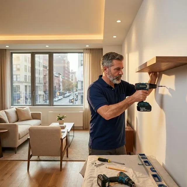 Bitsy Jobs handyman fitting a wooden floating shelf in a Gateshead living room